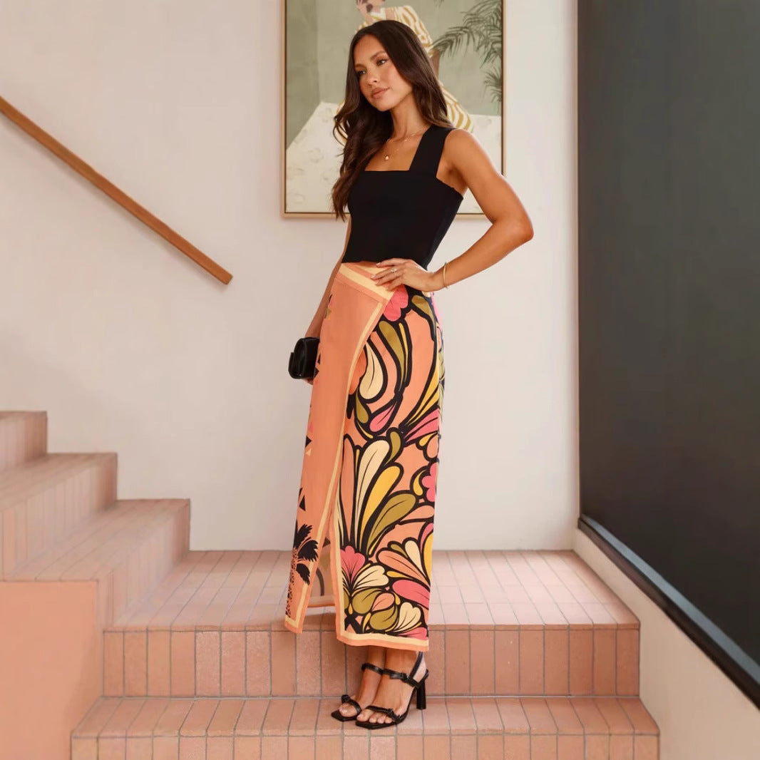 Women Skirt Floral Print Slit Sexy Sheath A Swing Skirt