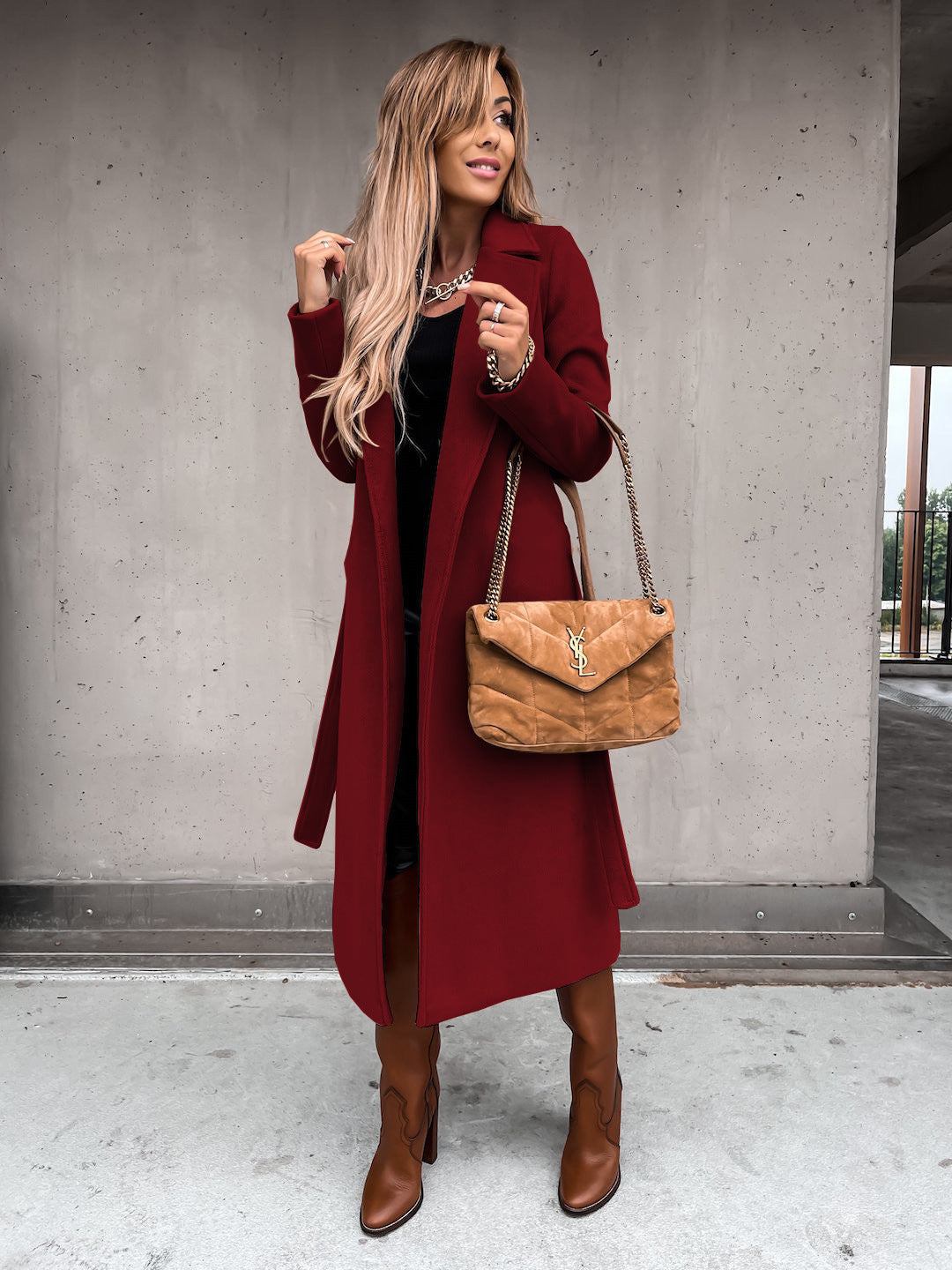 Solid Color Woolen Long Sleeve Trench Coat