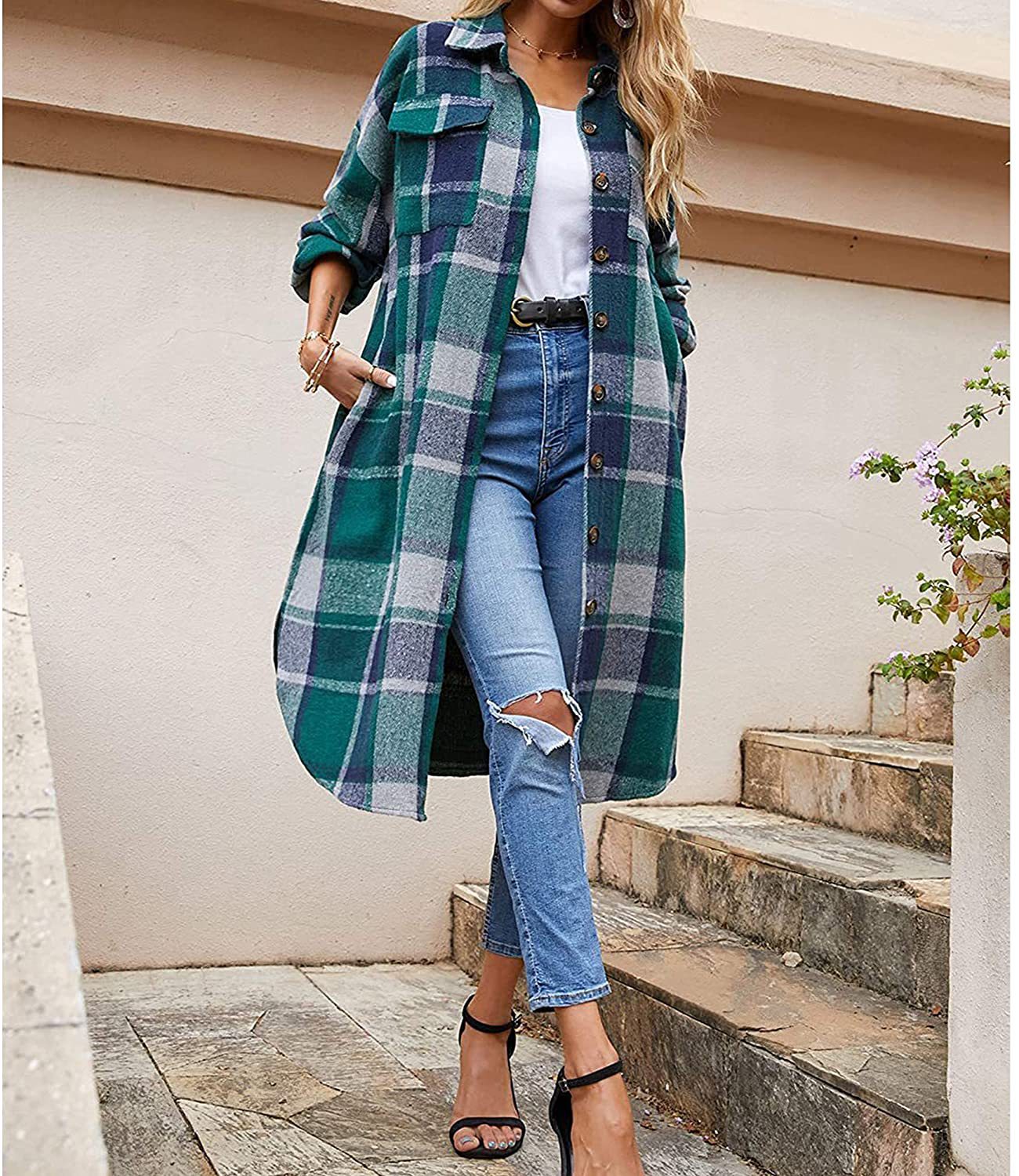 Plaid Woolen Slim Long Coat