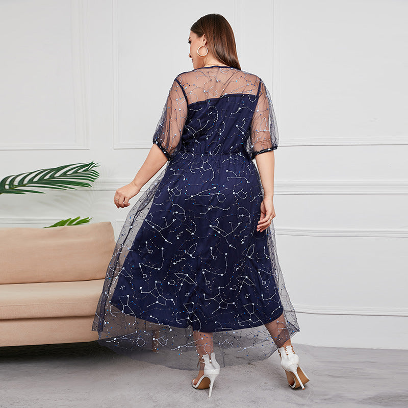 Plus Size New Hepburn Dress with Mesh Sleeves Semi Formal