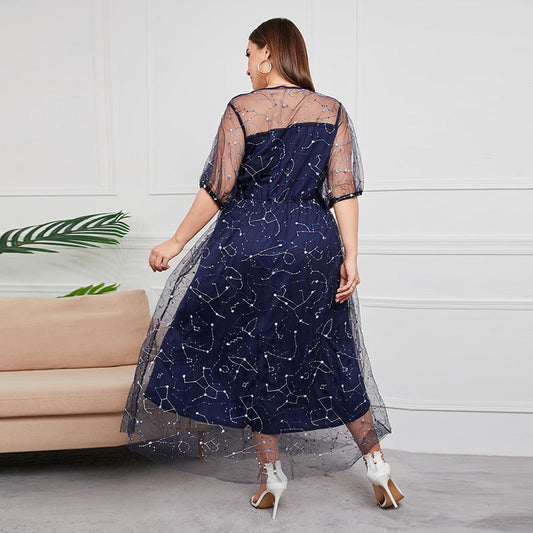 Plus Size New Hepburn Dress with Mesh Sleeves Semi Formal