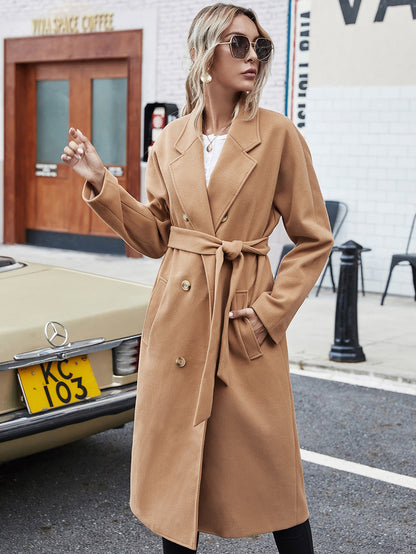 Woolen Lace-up Double Breasted Coat Outerwear