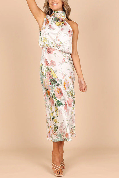 Sleeveless Halter Printed Satin Dress
