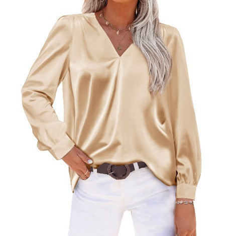 Satin Pleated Long Sleeved Top V neck Casual