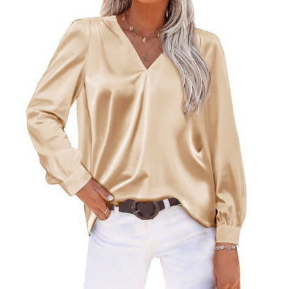 Satin Pleated Long Sleeved Top V neck Casual