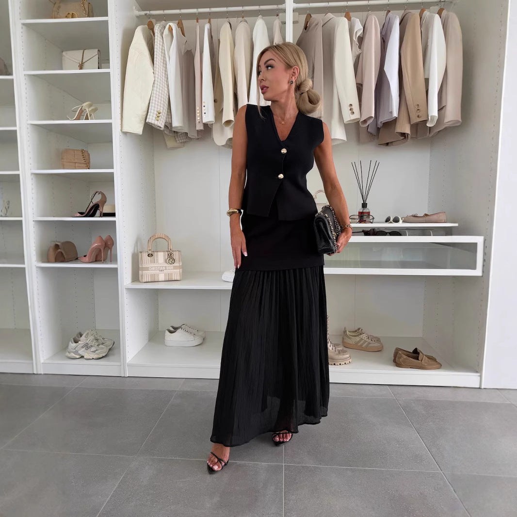 Spring Summer Knitted Stitching Vest Set Casual Vacation Loose Skirt Women