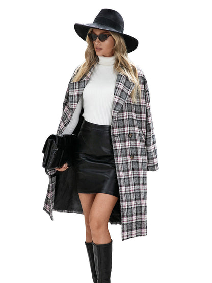 Houndstooth Woolen Plaid Trench Coat
