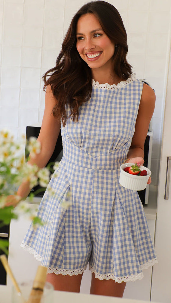 Plaid Waist Tight Sleeveless Playsuit