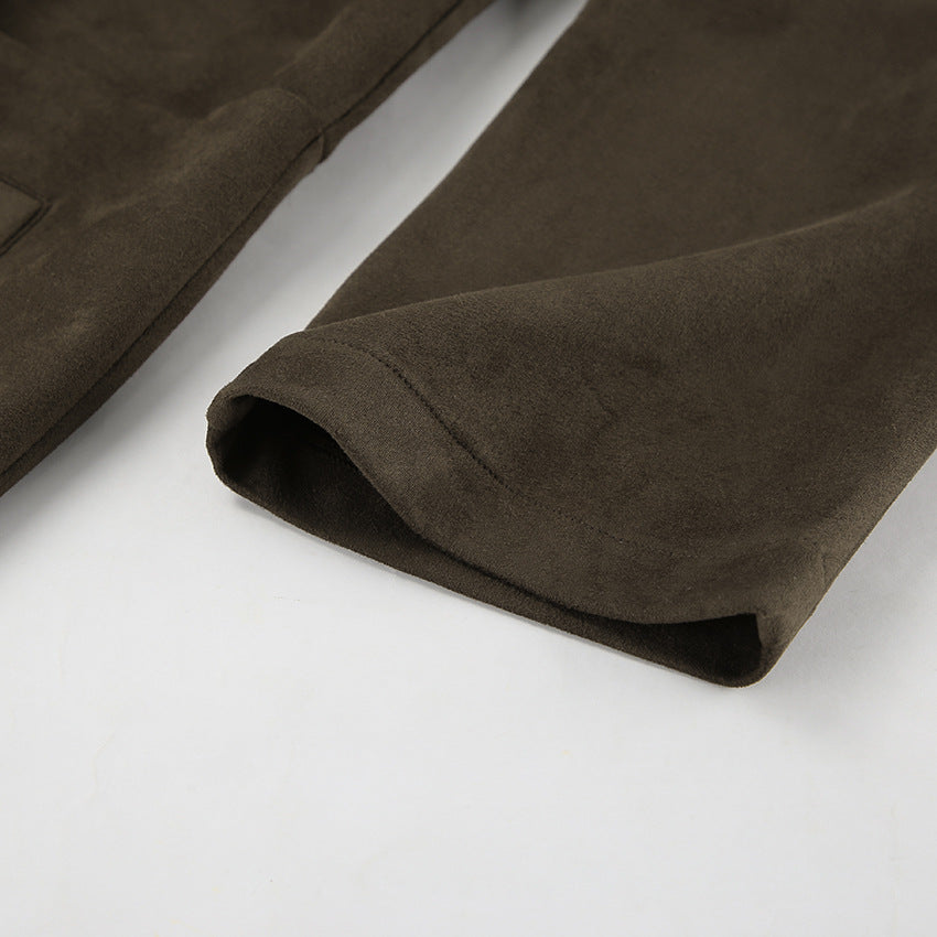 Brown Suede Long Sleeve Long Coat