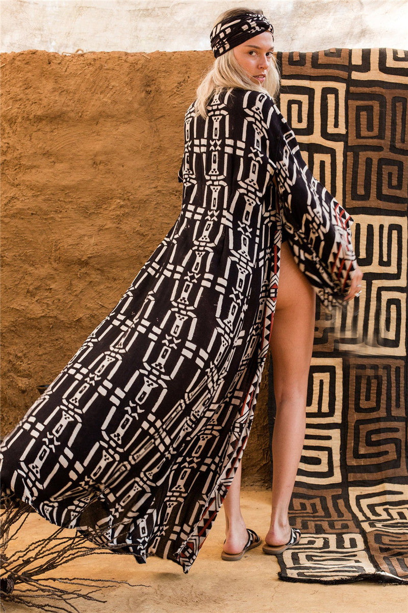 Rayon Positioning Printing Beach Cover-up Sexy Cardigan Loose Vacation Sun Protection Shirt Dress