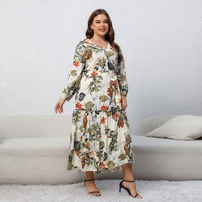 Plus Size Dress Printed V neck Long Sleeve Floral Dress