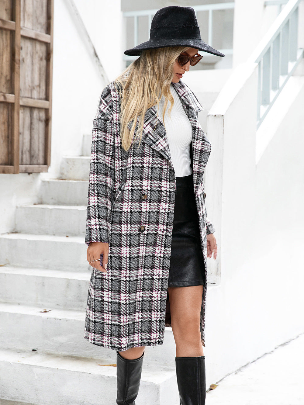 Houndstooth Woolen Plaid Trench Coat