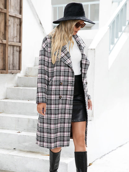 Houndstooth Woolen Plaid Trench Coat