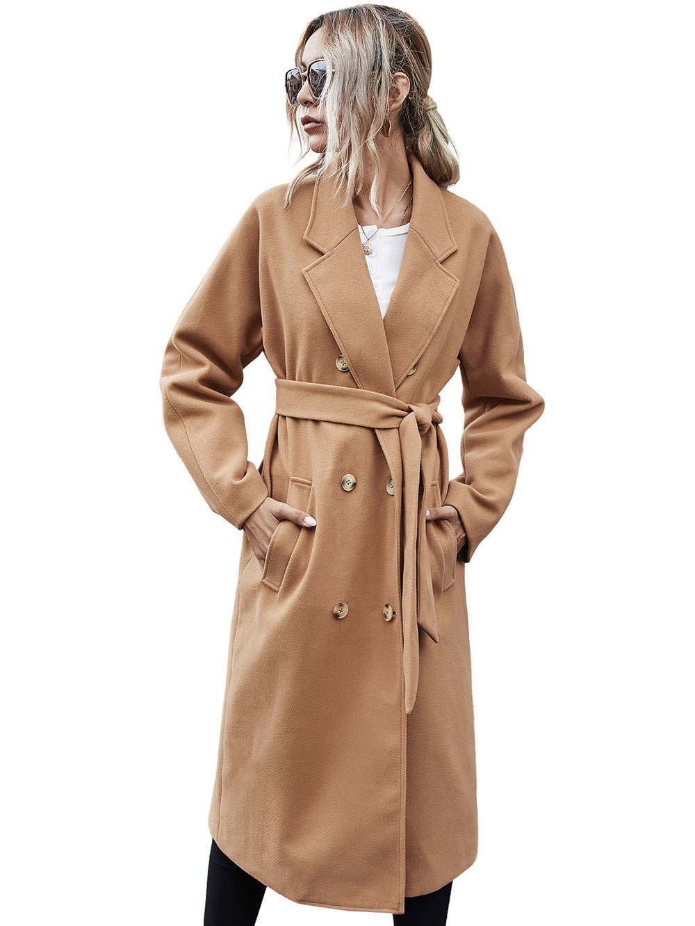 Woolen Lace-up Double Breasted Coat Outerwear