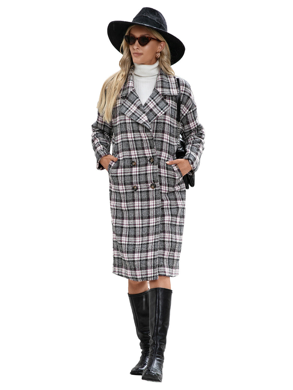 Houndstooth Woolen Plaid Trench Coat