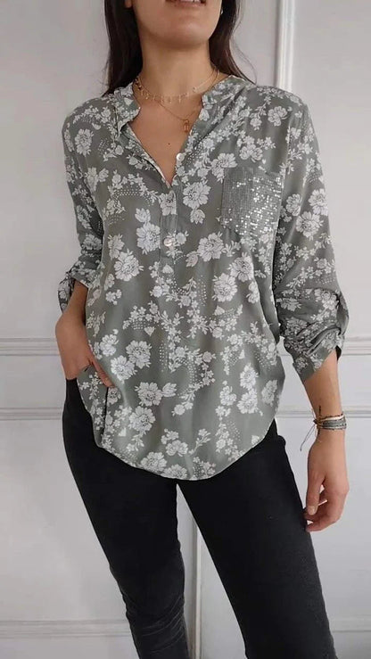 Spring Loose Casual Long Sleeves Printed Sequined Pocket Shirt