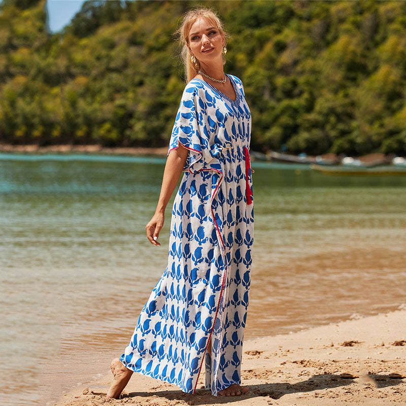 Rayon Positioning Printing Beach Cover-up Vacation Maxi Dress Sun Protection Shirt Beach Cover Up