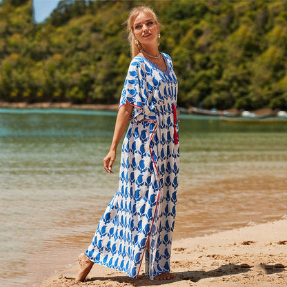 Rayon Positioning Printing Beach Cover-up Vacation Maxi Dress Sun Protection Shirt Beach Cover Up