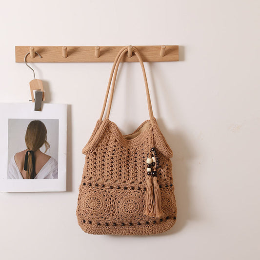 Crochet Maori Beaded Tassel Shoulder Bag Cotton Natural