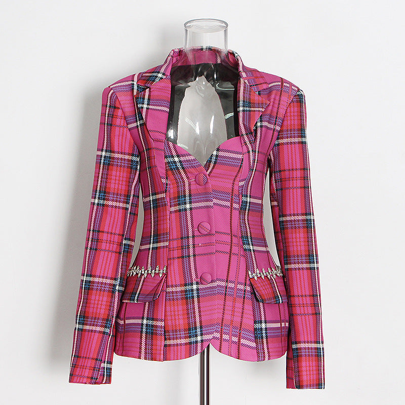 Open Back Plaid Blazer
