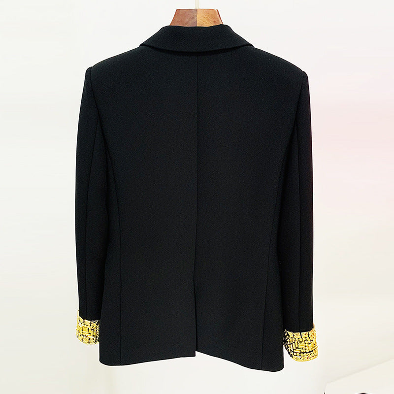 Embellished Beaded Cuffs One Button Mid-Length Blazer