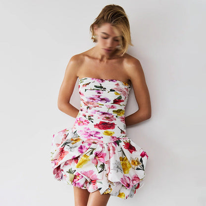 Tube Top High Waist Pleated Dress Women