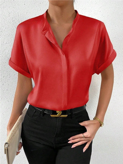 Solid Color Satin Short Sleeve Button Up Shirt