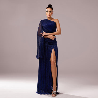 One Shoulder Long Sleeve Slim Fit Slit Cocktail Evening Dress