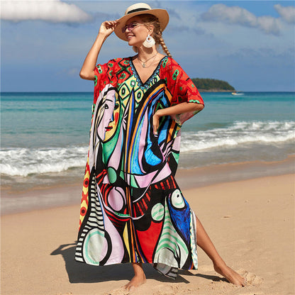 New Positioning Printing Beach Cover-up Sexy Cardigan Dress Beach Cover Up