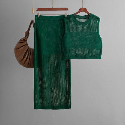 Slim Hollow Out Cutout Sleeveless Vest Summer Knitted Slit Skirt Two Piece Set