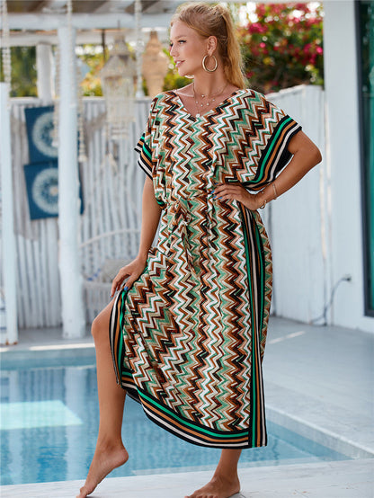 Rayon Wave Print Beach Cover-up Robe Vacation Sun Protection Shirt Bikini Cover