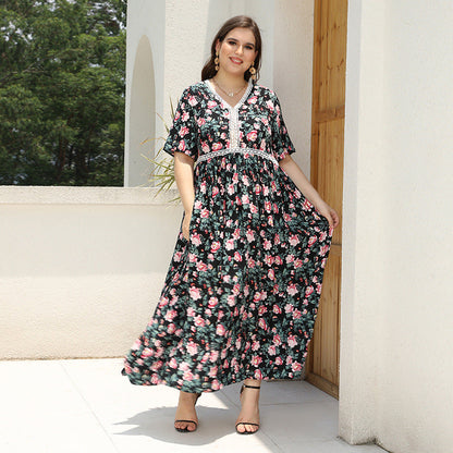 Plus Size V neck Printed Dress Day to Night