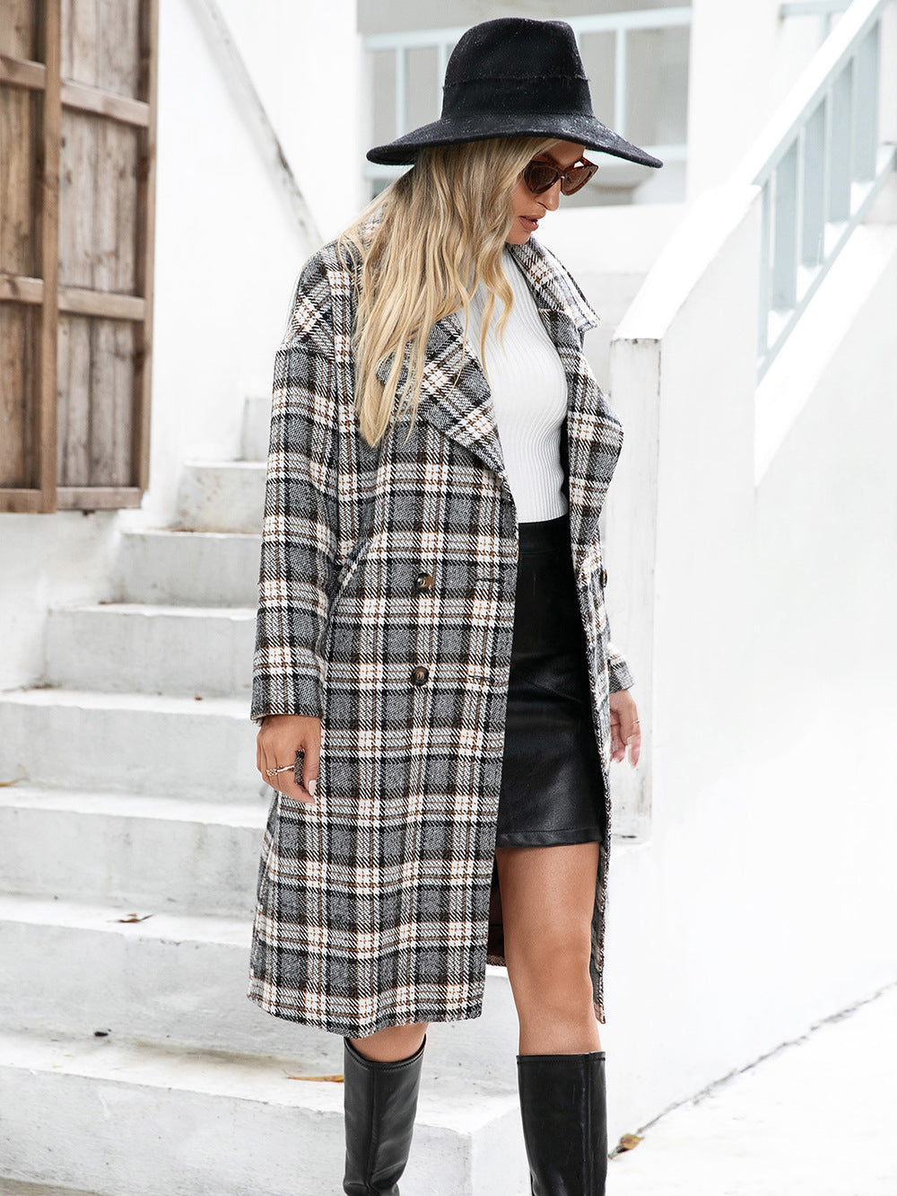 Houndstooth Woolen Plaid Trench Coat