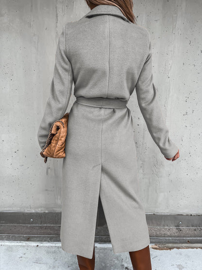 Solid Color Woolen Long Sleeve Trench Coat