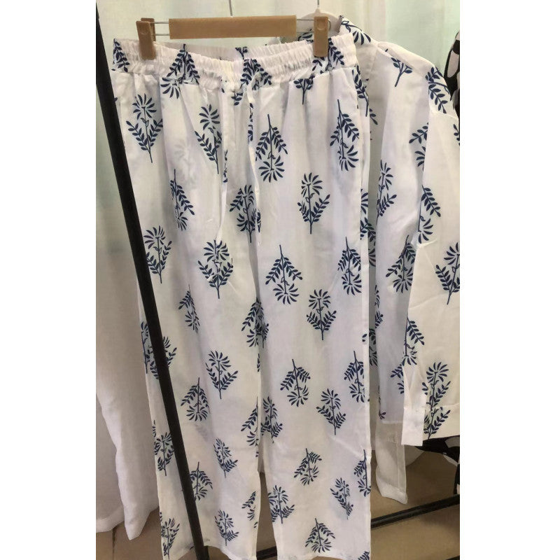 Women Cotton Linen Long Sleeve Blouse High Waist Lace up Straight Leg Pants Two Piece Set