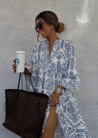 Dress Casual Printed 3/4 Sleeves Shirt Dress for Women