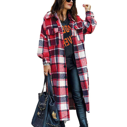 Plaid Woolen Slim Long Coat