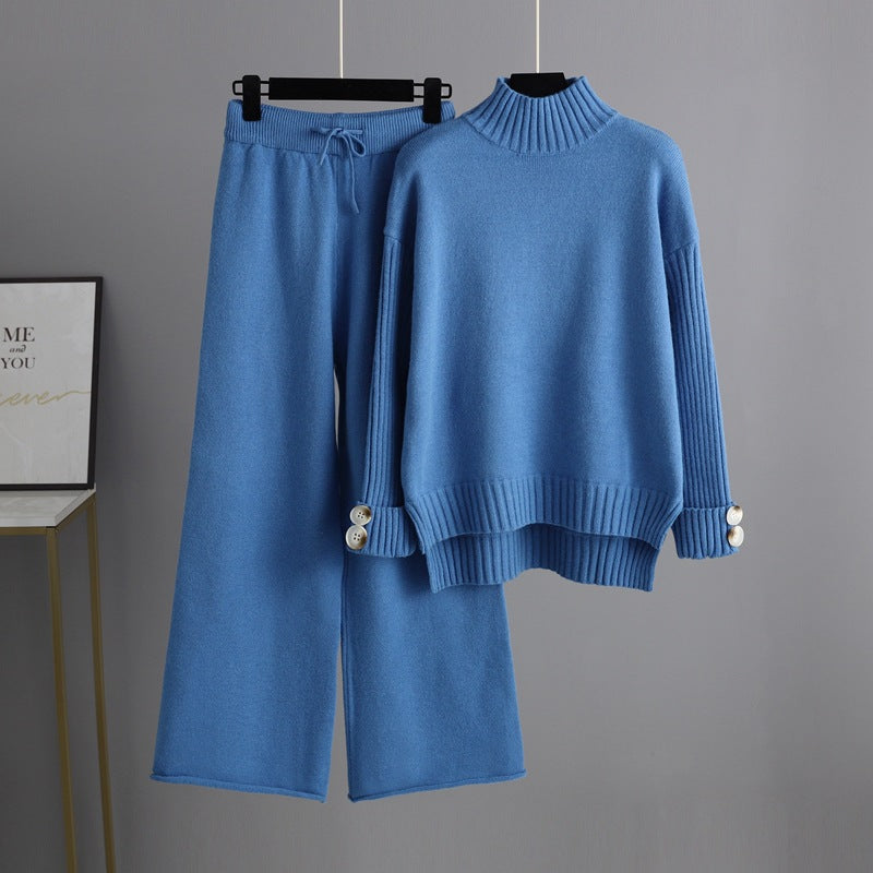 High Collar Solid Knit Set