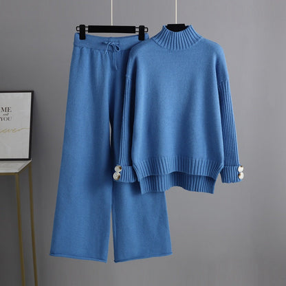 High Collar Solid Knit Set