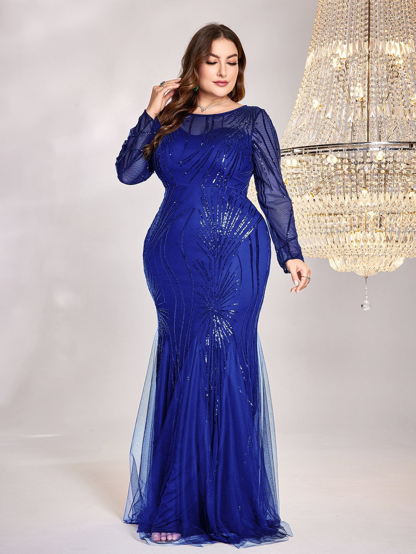 Plus Size Dress Long Sleeve Round Neck Bridesmaid Cocktail Evening Dress