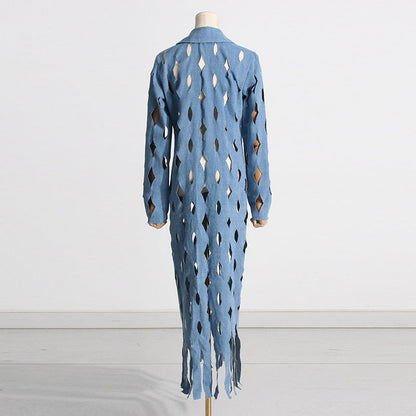Denim Ripped Tassel Long Coat