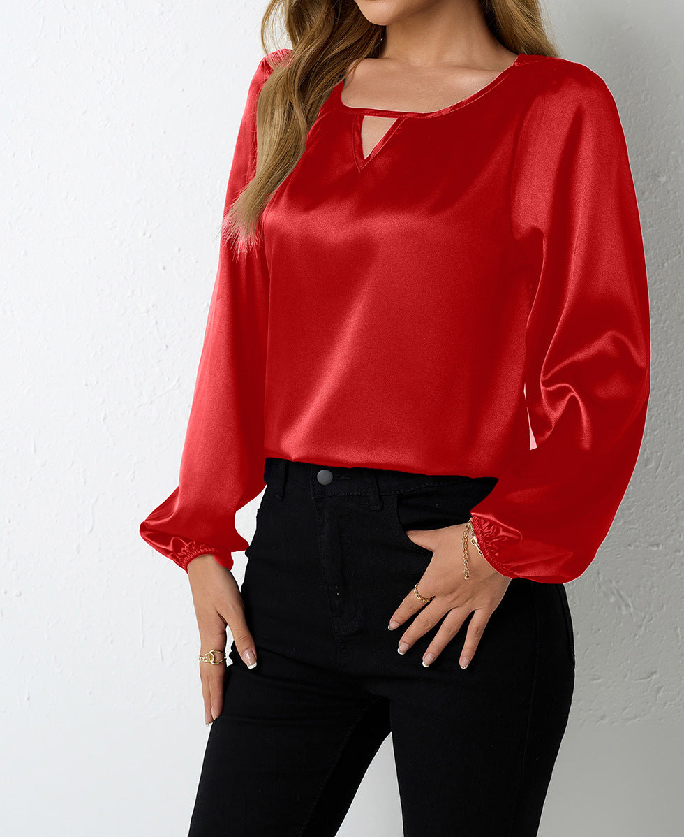 Satin Casual Pleated Long Sleeve Satin Top