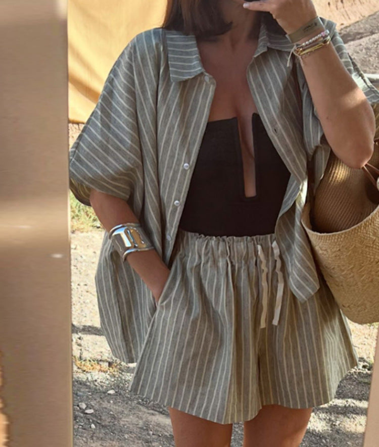 Summer Striped Shirt & Shorts Loose Casual Two Piece Set for Women
