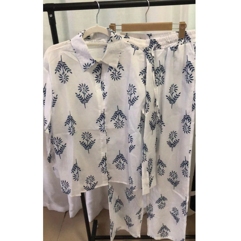 Women Cotton Linen Long Sleeve Blouse High Waist Lace up Straight Leg Pants Two Piece Set