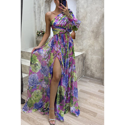 Printed One Shoulder High Split Maxi Dress