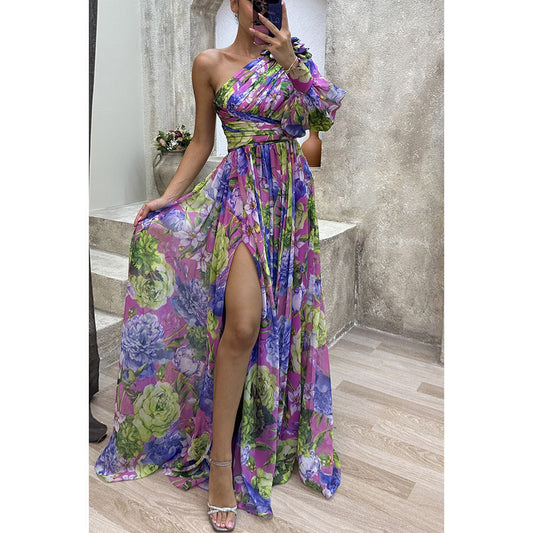 Printed One Shoulder High Split Maxi Dress