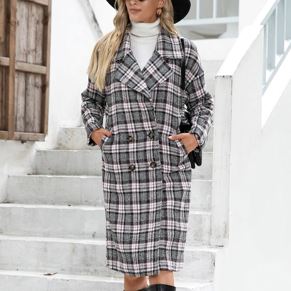 Houndstooth Woolen Plaid Trench Coat