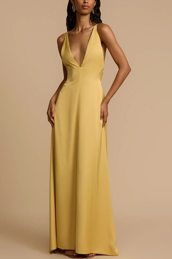 Sexy Backless V neck Satin Maxi Dress Women
