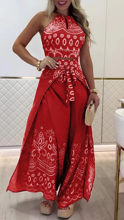 Boho Halter Top & Wide Leg Pants Two Piece Sets