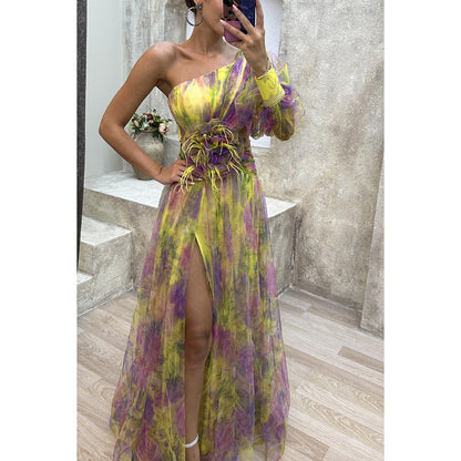 One Shoulder Chiffon Printed Gown